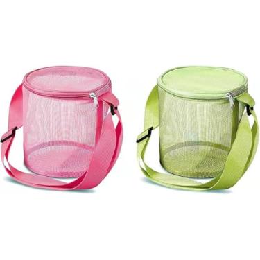 Imagem de Bolsa de praia de malha para crianças organizador de brinquedos com zíper marrom ajustável com alça de ombro bolsa de golfe de concha infantil saco de coleta de balde redondo (Verde + Vermelho)