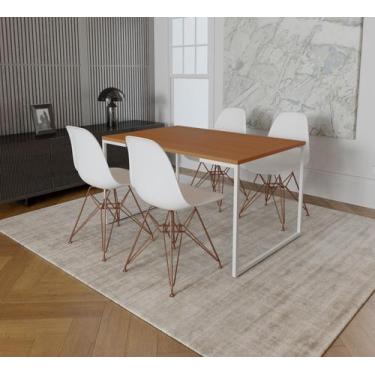 Imagem de Mesa Industrial Base Ferro Branco Tampo 137x90 Canela 4 Cadeiras Eames