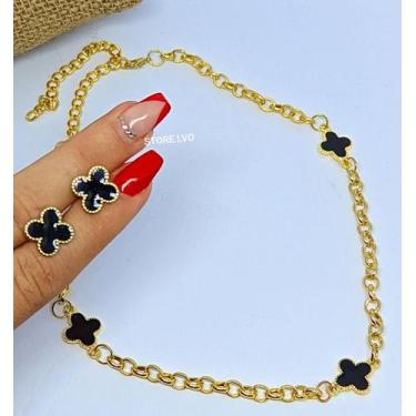 Imagem de Kit Colar e Brincos Corrente Elo Português Folheado Ouro Flor Trevo Pr