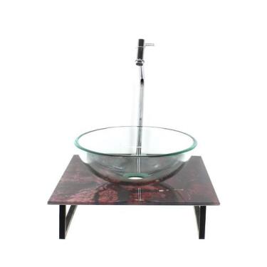 Imagem de Kit cuba de vidro redonda 10mm incolor com tampo de vidro 40cm x 40cm 