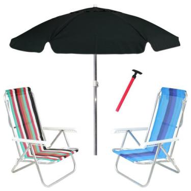 Imagem de Kit Praia 2 Cadeira 8 Pos Alumínio Guarda Sol 2m Bagum Preto Saca Arei