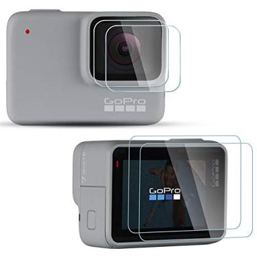 Imagem de [4peças] Protetor de tela Diruite de vidro temperado para GoPro Hero 7 Branco Prata (2 películas de proteção de tela; 2 películas de proteção de lente) [Dureza 2,5D 9H] [Antiarranhões] [Sem bolhas]