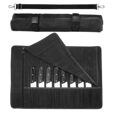 Imagem de Bolsa de ferramentas grande, bolsa de faca de chef, rolo de lona encerado resistente de lona, bolsa de ferramentas de viagem portátil com 11 bolsos para cutelo de carne, apontador de faca GJB445, Preto, 27.5" x 18.8"