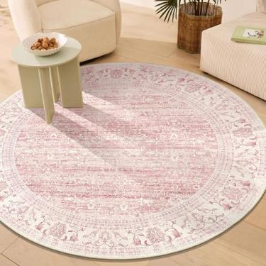 Imagem de Brakki Tapete redondo rosa de 1,5 m, tapete de área boho lavável para quarto, sala de estar, sala de jantar, quarto, cozinha, ultramacio, floral, vintage, envelhecido, antiderrapante, tapete boho