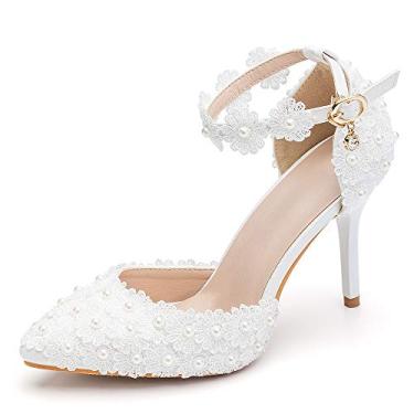 Imagem de Sandálias femininas de salto alto com bico fechado e pérolas de renda floral com alça stiletto para noiva, sapatos de festa, 9,5 cm, Branco, 7
