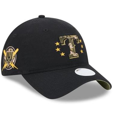 Imagem de New Era Boné feminino Texas Rangers Dia das Forças Armadas 2024 ajuste relaxado ajustável - MLB 9Twenty boné de beisebol preto para pai