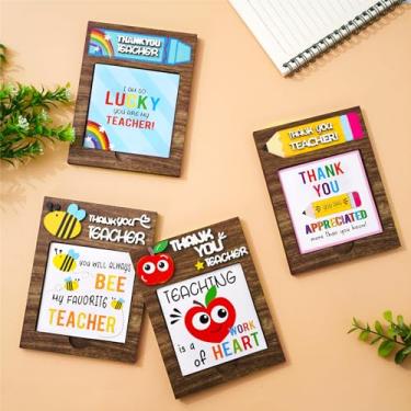 Imagem de JarThenaAMCS Dispensadores de notas adesivas de agradecimento de professores 3D com cartões de agradecimento, lápis, notas adesivas de abelha de maçã, organizadores de madeira para escritório em casa,
