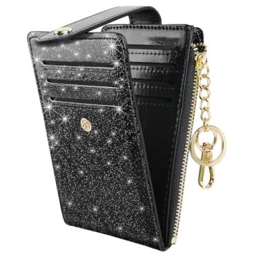 Imagem de Carteira feminina fina de couro com glitter com bloqueio de RFID, linda pequena e organizadora de vários cartões, carteira dobrável com chaveiro, bolso com zíper, preto com glitter, Glitter preto,