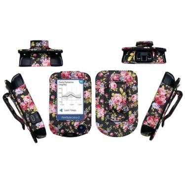 Imagem de Capa de couro de design premium com protetor de tela, clipe de cinto e mosquetão (cordão de pescoço e mosquetão) para Freestyle Libre, Freestyle Libre 2, Freestyle Libre 3 (preto/peônia)