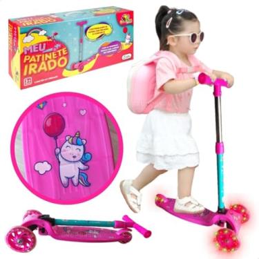 Imagem de Patinete 3 Rodas Infantil Unicórnio Rosa Luzes Freio Dobrável Suporta 40 Kg Brinquedo Presente Criança (Rosa)