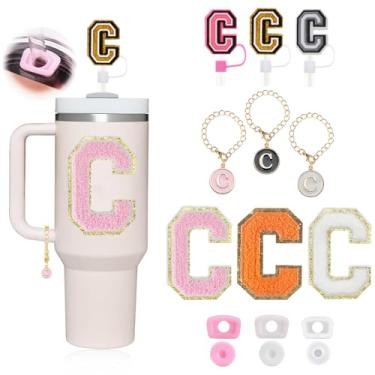 Imagem de Conjunto de 15 peças de acessórios de copo para Stanley 850 g 1,134 g, tampa de cobertura de canudo com nome inicial, pingente de alça de letra, tampa de vazamento, adesivo de letra, decoração