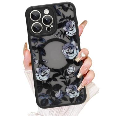 Imagem de AIGOMARA Capa para iPhone 14 Pro Max, compatível com MagSafe, linda estampa de flor rosa com capa de telefone fosca semitransparente para mulher Gilrs TPU macio e PC capa protetora traseira fina preta
