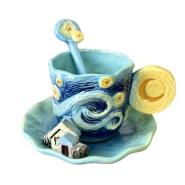 Imagem de FORLONG Conjunto de caneca de café e pires de cerâmica céu estrelado com colher, caneca de chá 3D feita à mão e pintada à mão, 170 g