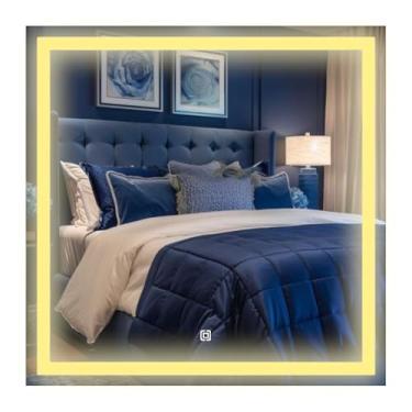 Imagem de Espelho jateado lapidado decorativo quadrado 80x80cm luz led touch Screen Dimerisável luxo Iluminado + Pendurador - Led quente, neutro ou frio (Led Quente 3000k)