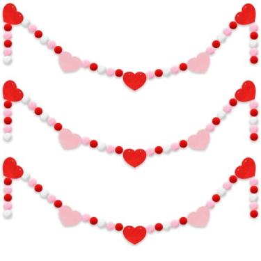 Imagem de ZhowHoHo 3 Peças De Faixa De Feltro De Coração De Dia Dos Namorados, Faixa De Feltro De Coração Vermelho Rosa Branco, Guirlanda De Bolas De Pompom De Dia Dos Namorados, Guirlanda Pendurada De Pompom