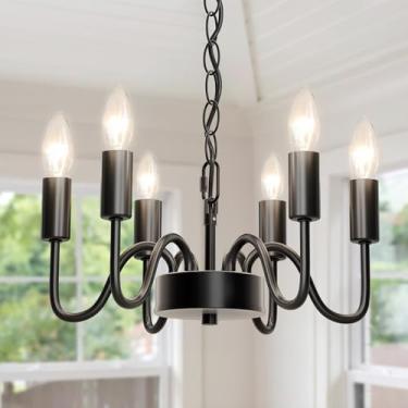 Imagem de hansang Lustre Preto Para Sala De Jantar, Lustre De Fazenda À Prova De Ferrugem Com 6 Luzes, Luminária Suspensa Moderna De Vela De 47 Polegadas Para Quarto, Corda Ajustável, Base Pequena E12, Lâmpad