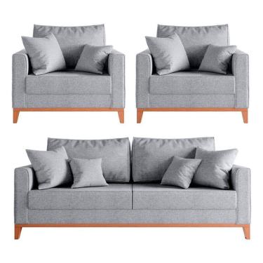 Imagem de Kit Sofá 2 Lugares E 2 Poltronas Beny Com Base De Madeira Linho Cinza