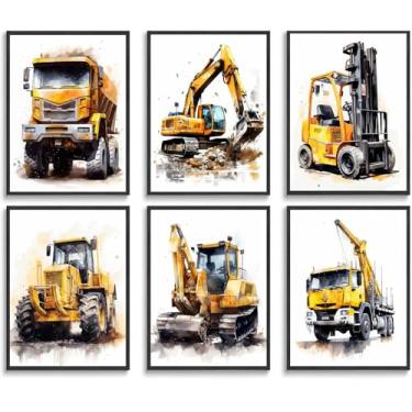 Imagem de 6 peças de arte de parede de caminhão de construção, imagens em tela de carro em aquarela, imagens elegantes de decoração de quarto de menino para bebês, crianças, sala de jogos, quarto de