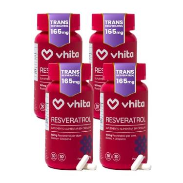 Imagem de Resveratrol 165mg com Biotina, Licopeno e Proantocianidinas - Suporte de Saúde Cardíaca e Antienvelhecimento - 4 potes com 30 Cápsulas cada, Vhita