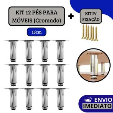 Imagem de Kit 12 Pé Para Móveis Armários Regulável Redondo Cromado 15cm - HD Fer
