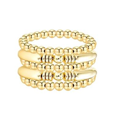 Imagem de COLORFUL BLING Conjunto de 5 a 7 peças de pulseiras empilháveis boêmias em camadas com contas de ouro indiano pulseira elástica Amizade Boho Joias para mulheres, Metal, Liga metálica.