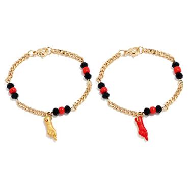 Imagem de Caiyao Pingente de mão com gesto Figa banhado a ouro 18 K, pulseira de corrente azabache, tornozeleira de mão de bebê, amuleto de boa sorte, joia de proteção para mulheres e meninas, 5.9 inches, Metal