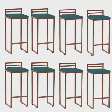 Imagem de Kit 08 Banqueta Alta Com Encosto Petra Balcão Bar Cozinha Bistrô Ferro Bronze Suede Azul Turquesa - Ahz Móveis