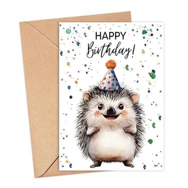 Imagem de Cartão de aniversário de ouriço com chapéu de festa - cartão de feliz aniversário - presente de ouriço - nascimento de animais de safári zoológico - Cartões de felicitações de jardim zoológico