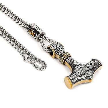 Imagem de Colar Viking - Pingente de Martelo de Thor, joia de amuleto mítico nórdico Mjolnir, aço inoxidável com detalhes em ouro, corrente masculina de 58 cm, Aço inoxidável, Sem Pedra Preciosa