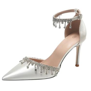 Imagem de QOOEL Sandália feminina de cetim com strass stiletto fechada, bico fino, costas nuas, tira no tornozelo, para festas de casamento e formatura, Branco, 35