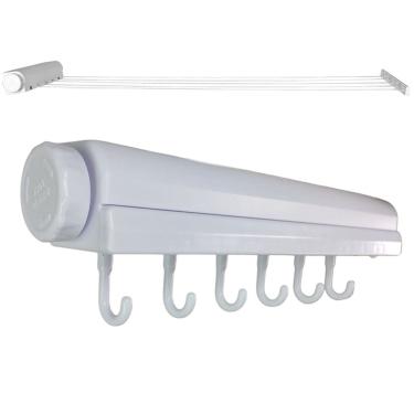 Imagem de Varal de Parede Retratil 5 Cordas 6 Ganchos Extensivel Automatico Ajustavel Secador de Roupa Casa Apartamento Lavanderia Organizaçao Resistente