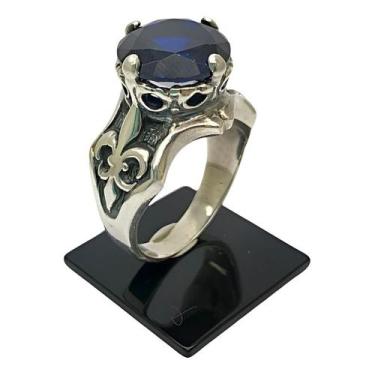 Imagem de Anel Grande em Prata 950 Maçonaria Templario Flor De Liz Pedra Azul Ma