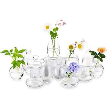 Imagem de Conjunto de 12 vasos de vidro da Hewory, lindos vasos pequenos e transparentes feitos à mão, mini vaso de flores de vidro para arranjos florais, peça central pequena para eventos de festa de casamento, decoração de mesa de escritório em casa (não inclui flor)