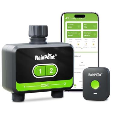 Imagem de RainPoint Temporizador de água WiFi para mangueira de jardim, temporizador inteligente de irrigação de 2 zonas, controlador de irrigação WiFi, sistema de irrigação automático para gramados e quintais
