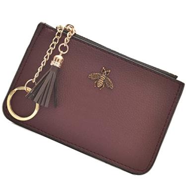 Imagem de AnnabelZ porta-moedas feminino bolsa carteira de couro com porta-cartões e chaveiro com zíper, Burgundy, Small