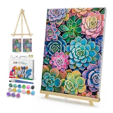 Imagem de HeeBenor Kit de pintura emoldurada por números para adultos, pintura suculenta por número com cavalete, kit de pintura a óleo acrílica DIY, kits de pintura por números para adultos tela emoldurada