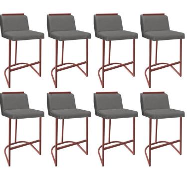 Imagem de Kit 08 Banquetas Com Encosto Confort Bistrô Cozinha Ferro Bronze Suede Cinza Amey Decor