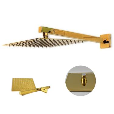 Imagem de Ducha Chuveiro Slim Dourado 20X20 Quadrado Suporte Parede Ba