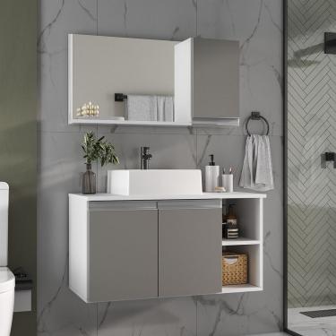 Imagem de Conjunto Gabinete Banheiro Virtus 80cm Gabinete + Cuba + Espelheira Branco Cinza