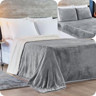 Imagem de Kit Casal 4 Peças Cobertor Sherpa New Alaska + Jogo Lençol Soft - Cinza