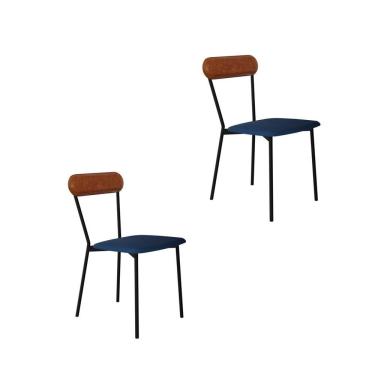 Imagem de Cadeira Fixa Estofada Vintage Emília Com 2 Unidades Azul-caramelo-preto Fosco