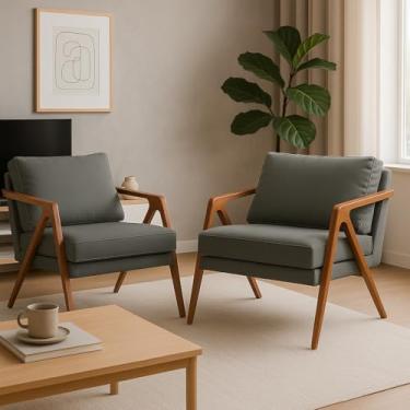 Imagem de Kit com 2 Poltronas em Linho Cinza com pés em madeira maciça sofisticada Mona Luxo Para Sala De Estar, clínica E Recepção