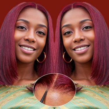 Imagem de GUDOZO 99J Borgonha Bob Peruca De Cabelo Humano 12" 4X4 Hd Lace Front Perucas Sem Cola Pré-Depiladas Corte 180% Densidade Curta Lisa Para Mulheres Negras