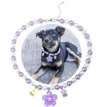 Imagem de SM4BED Colar de pérolas com coleira de cachorro, contas brancas e roxas com pingente de flor fofa, joia ajustável para animais de estimação para cães grandes, GG 43 cm