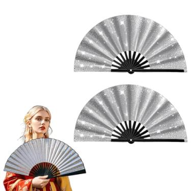 Imagem de YTJ 2 pacotes de leques de mão dobráveis grandes com glitter, ventiladores de palmas para dança de linha, ventilador portátil para EDM Music Disco Rave Festival, suprimentos de festa (glitter prateado