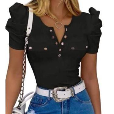 Imagem de Blusa feminina manga princesa bufante com detalhe de botões  malha can