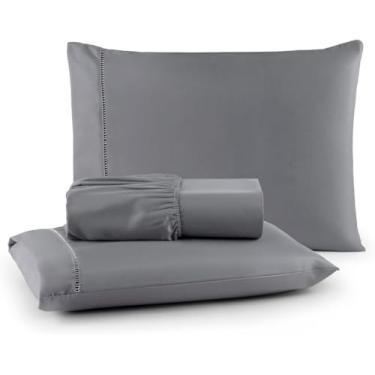 Imagem de Jogo de Lençol para Cama Box, 3 Peças, Percal 400 Fios, Ponto Palito, Toque Macio, Tamanhos Solteiro, Casal, Queen, King (CINZA, KING)