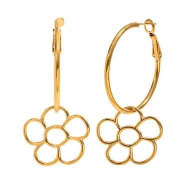 Imagem de Brincos de argola com pingente de flor de aço inoxidável, banhado a ouro 18 K, pingente floral vazado, pendurado, brincos, bijuteria de aniversário moderna para mulheres, filha, Small, Aço inoxidável