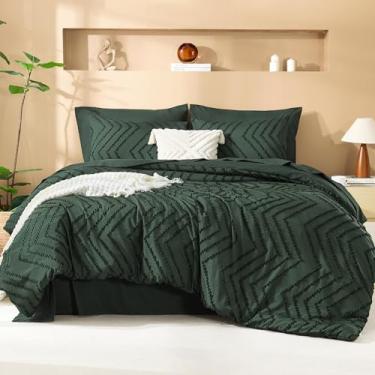 Imagem de Litanika Conjunto de edredom King Size verde floresta com lençol – 7 peças, cama em um saco, king boho, tufado, conjunto completo de cama com edredom, lençóis, fronhas e fronhas