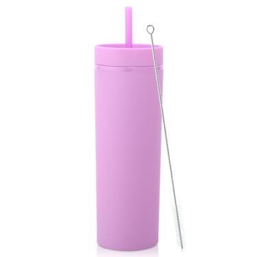 Imagem de Volhoply Copo skinny de plástico de 590 ml, copos de parede dupla com tampa e canudo, caneca de café gelada de viagem reutilizável, copos de água de acrílico fosco sem BPA com canudo para festas